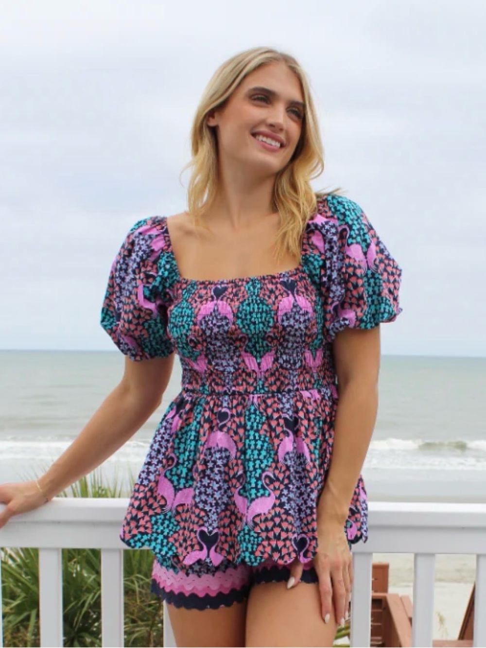 Simply Southern Smocked Square Neck Puff Sleeve Top in Pink & Teal Sz S